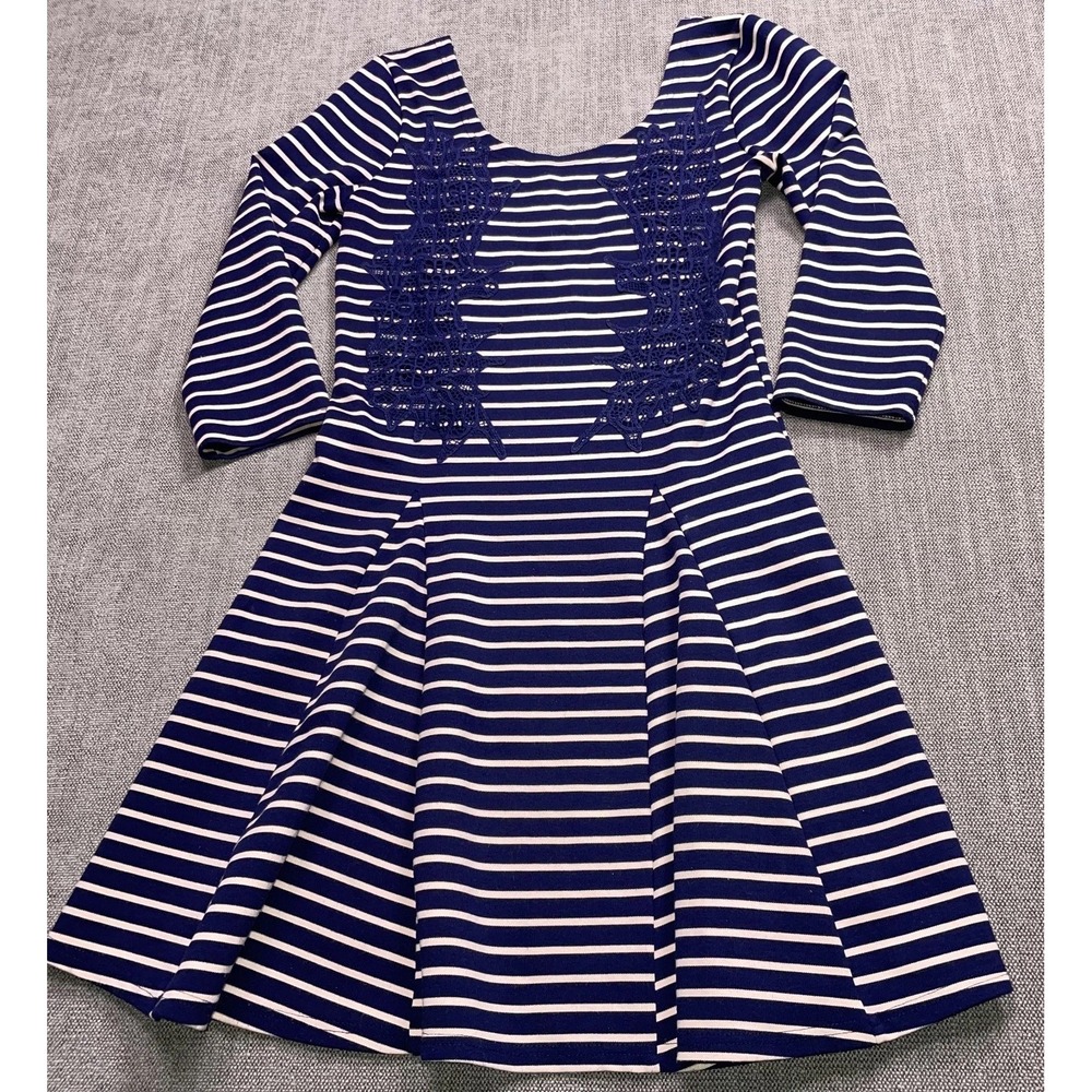 Free People Fit & Flare Dress Womens S Blue White Striped Lace Trim Scoop Neck